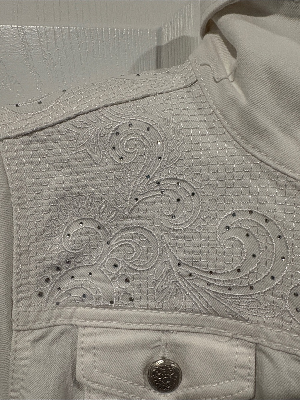 Christopher & Banks White Embroidered Denim Jacket with Silver Buttons - Picture 4 of 7